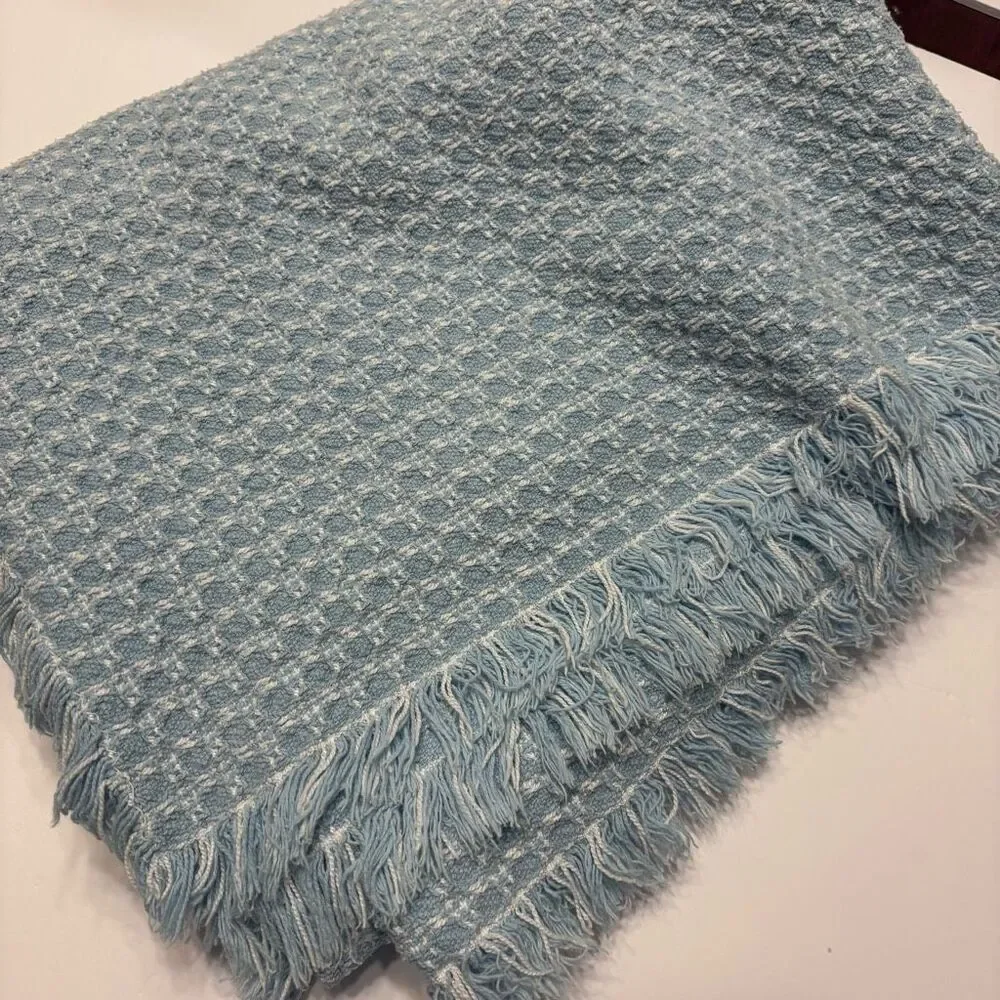 Vintage Homespun Fringed Tablecloth Blue White Rectangular Tablecloth 60